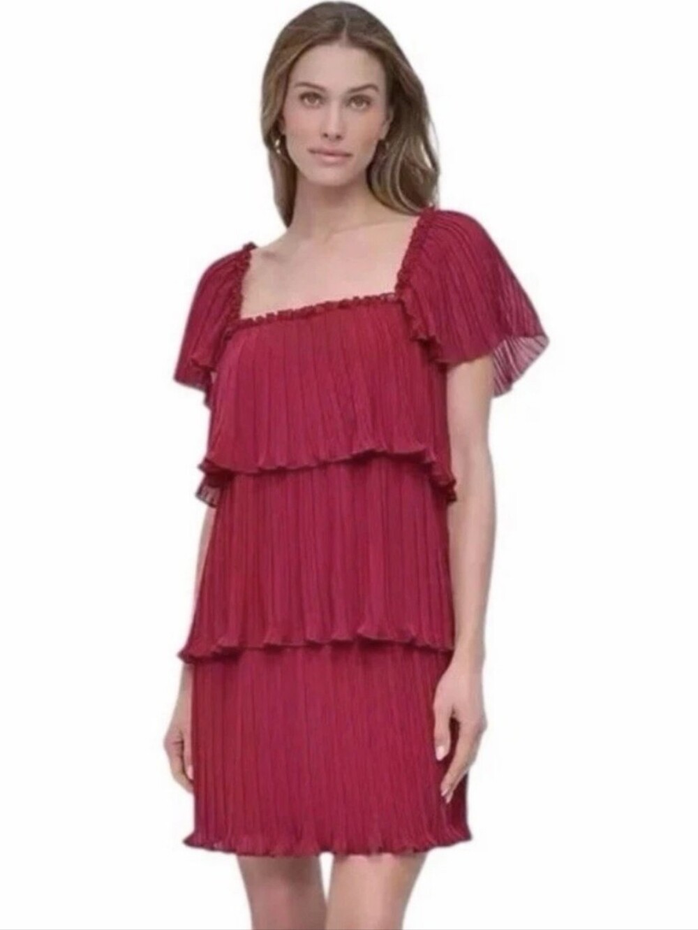 DKNY Womens Size 8 Burgundy Pleated Chiffon Ruffle Tiered Mini Dress NWT